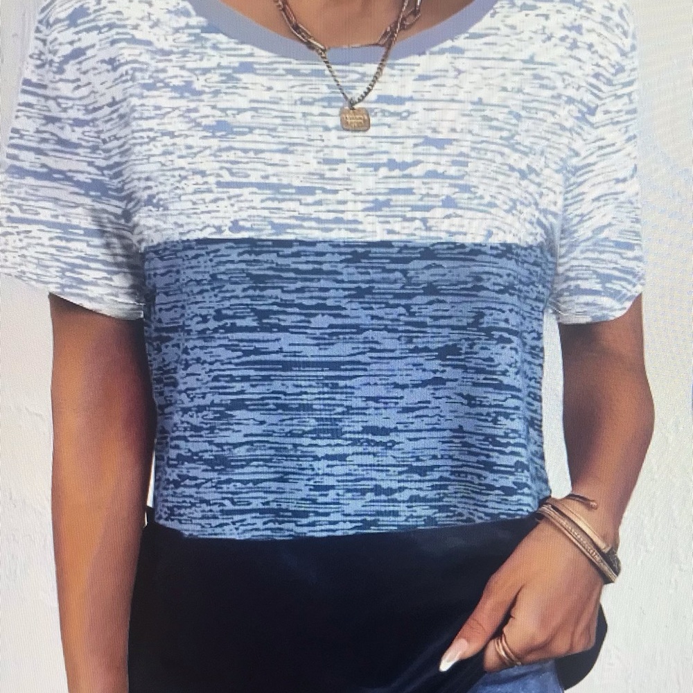 Women Plus Size Blue & White Crew Neck Short Sleeve Striped Color Blouse - 1XL
